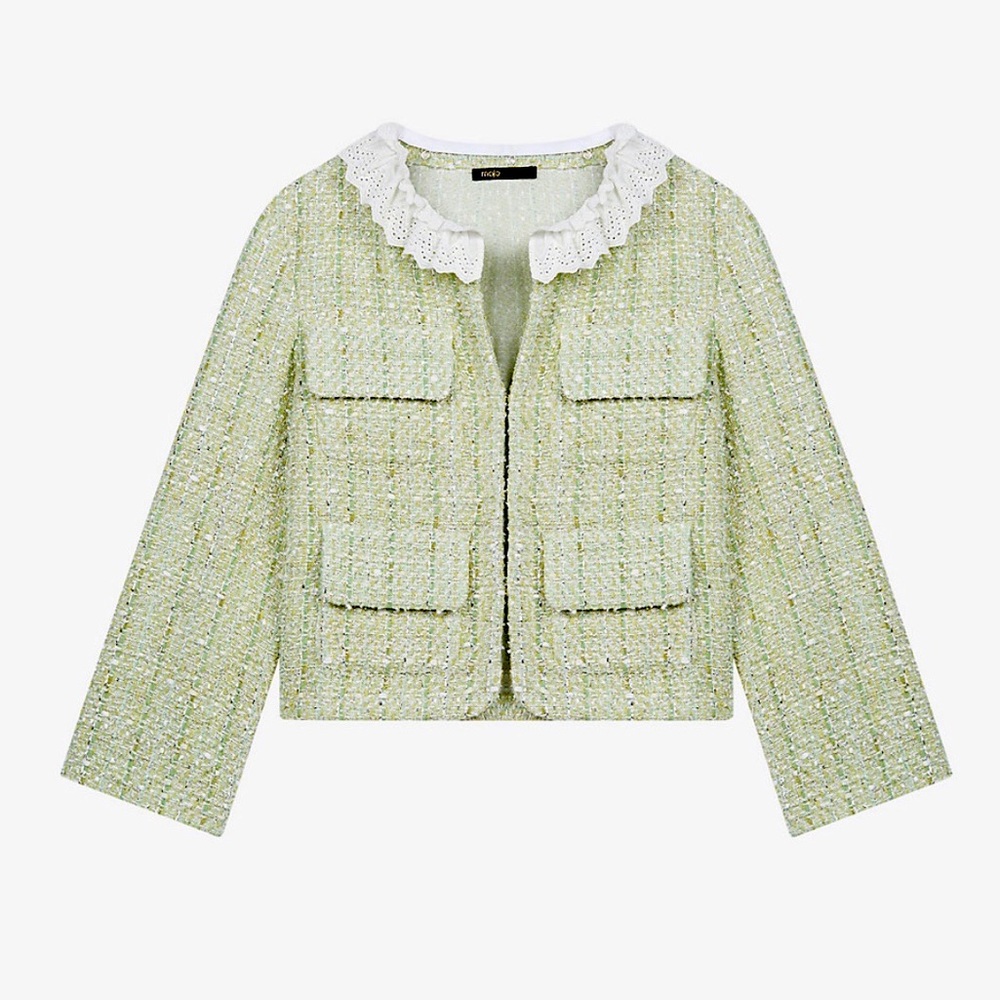 MAJE Light Green Frilled-Collar Tweed Blazer Size 38